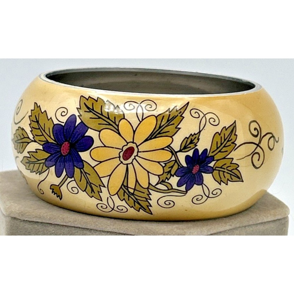 Vtg Bangle Cuff Bracelet Hand Painted Floral Design Wide Silver Tone Core‎  2.5